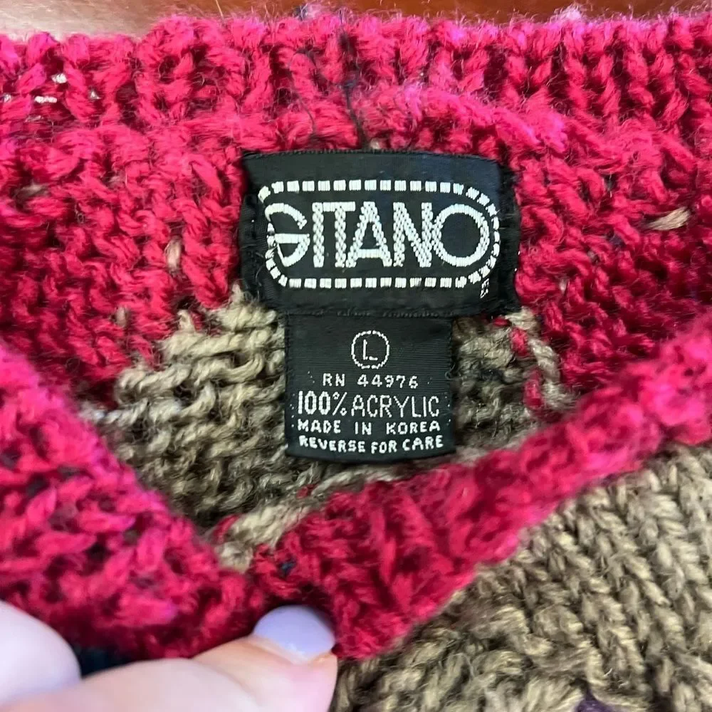 Vintage Gitano Acrylic Chunky Knit Woven Crewneck Sweater sz L EUC